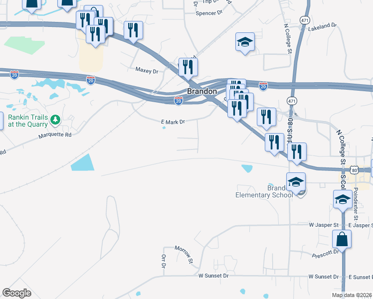 map of restaurants, bars, coffee shops, grocery stores, and more near Lake Drive in Brandon