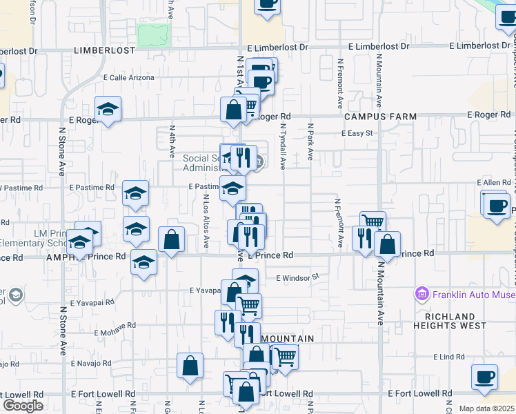 map of restaurants, bars, coffee shops, grocery stores, and more near 3700 North 1st Avenue in Tucson