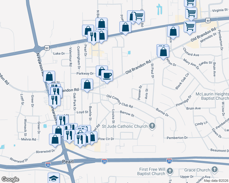 map of restaurants, bars, coffee shops, grocery stores, and more near 2592 Old Country Club Road in Pearl