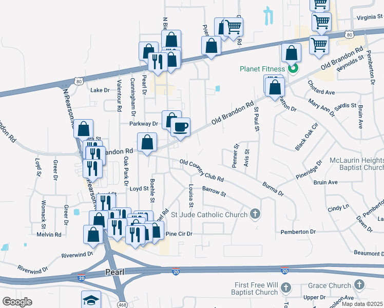 map of restaurants, bars, coffee shops, grocery stores, and more near 2592 Old Country Club Road in Pearl