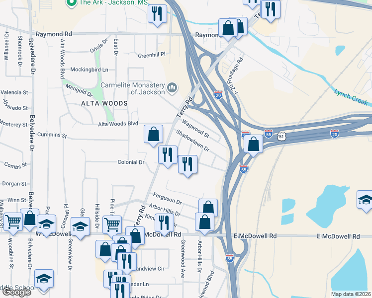 map of restaurants, bars, coffee shops, grocery stores, and more near 139 Sunny Lane Drive in Jackson