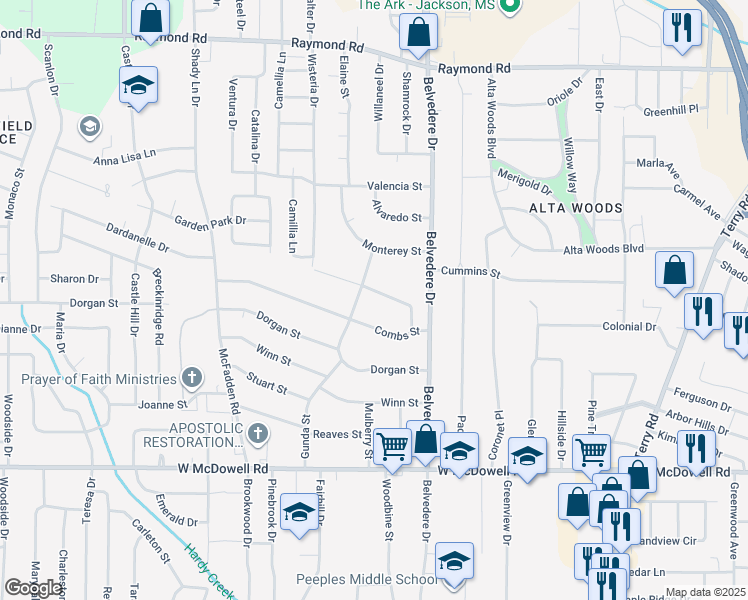 map of restaurants, bars, coffee shops, grocery stores, and more near 820 Combs Street in Jackson