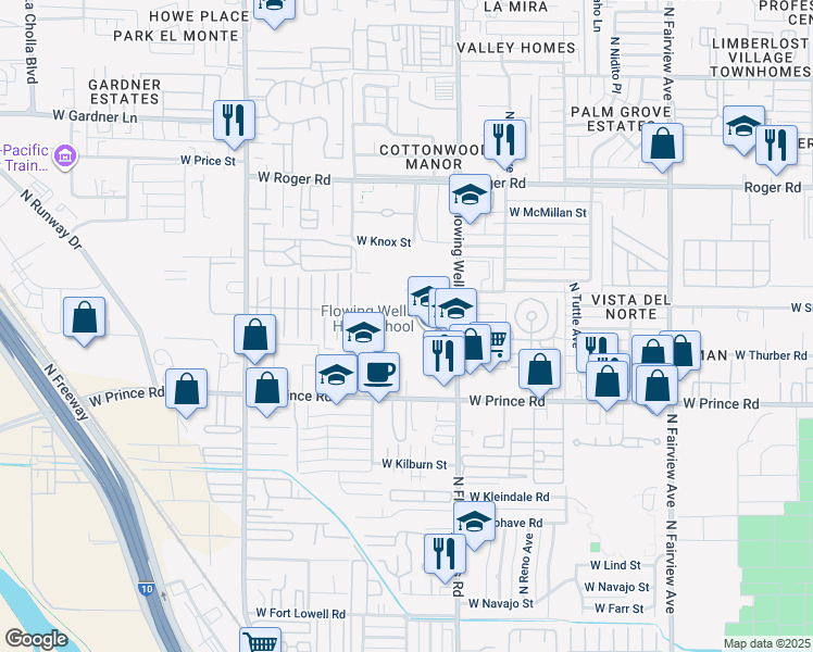 map of restaurants, bars, coffee shops, grocery stores, and more near 3725 North Flowing Wells Road in Tucson
