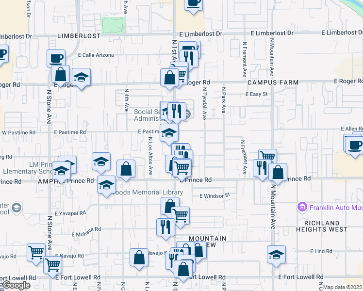 map of restaurants, bars, coffee shops, grocery stores, and more near 3700 North 1st Avenue in Tucson