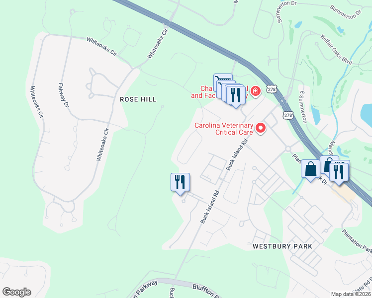 map of restaurants, bars, coffee shops, grocery stores, and more near 272 Club Gate in Bluffton