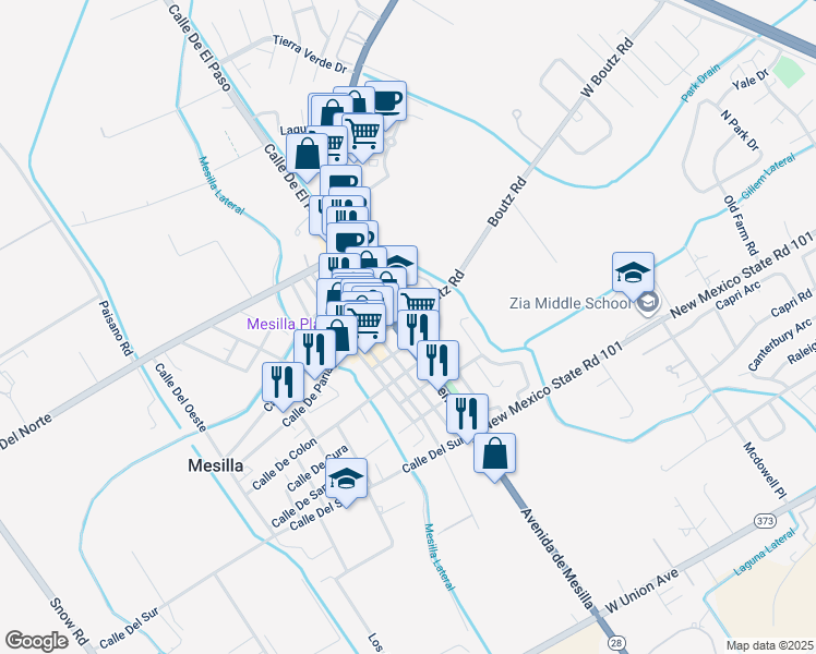 map of restaurants, bars, coffee shops, grocery stores, and more near 1885 West Boutz Road in Mesilla