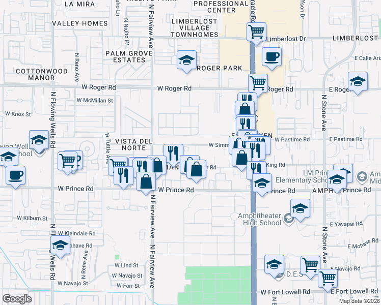 map of restaurants, bars, coffee shops, grocery stores, and more near 626 West Thurber Road in Tucson