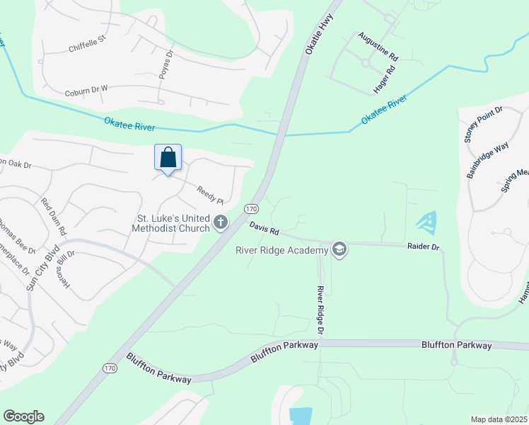 map of restaurants, bars, coffee shops, grocery stores, and more near 1-11 Davis Road in Bluffton
