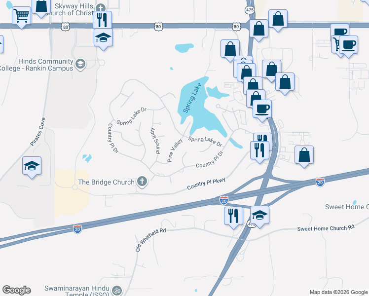 map of restaurants, bars, coffee shops, grocery stores, and more near 110 Deer Run in Pearl
