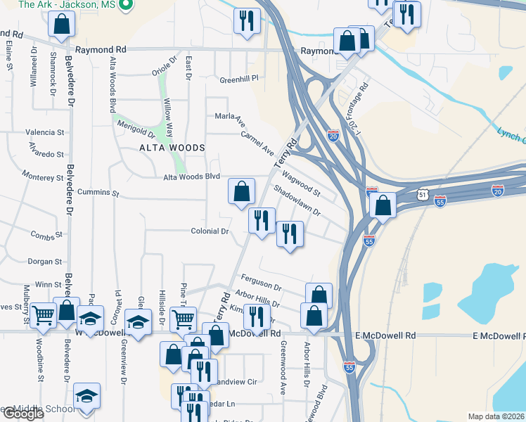map of restaurants, bars, coffee shops, grocery stores, and more near 2410 Terry Road in Jackson