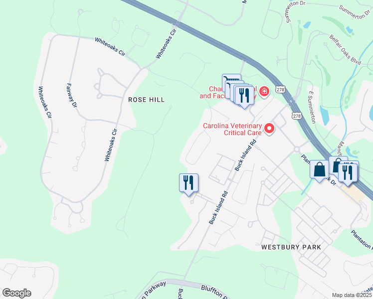map of restaurants, bars, coffee shops, grocery stores, and more near 240 Club Gate in Bluffton