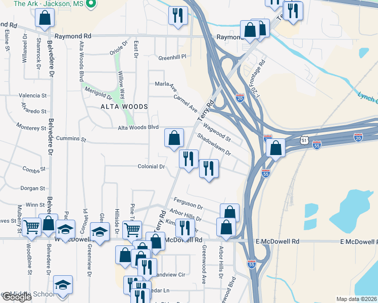map of restaurants, bars, coffee shops, grocery stores, and more near 2410 Terry Road in Jackson