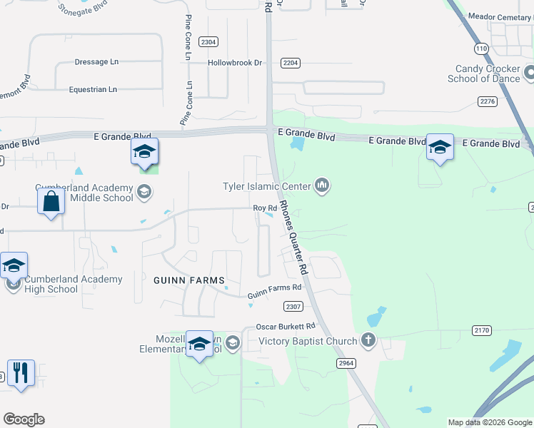 map of restaurants, bars, coffee shops, grocery stores, and more near 6326 Villa Rosa Way in Tyler