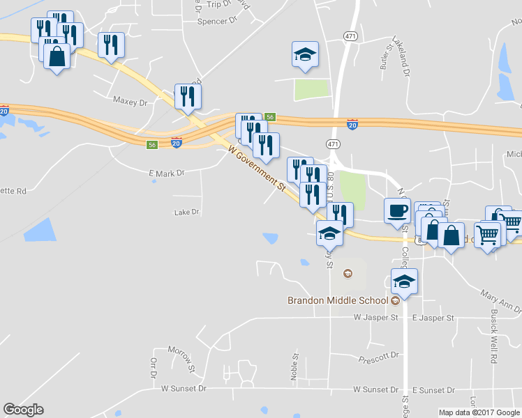 map of restaurants, bars, coffee shops, grocery stores, and more near 705 West Government Street in Brandon