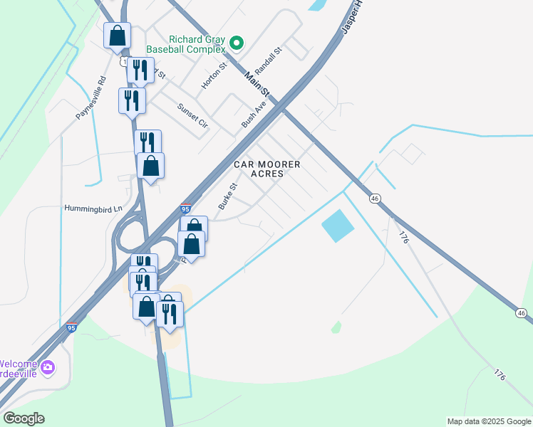 map of restaurants, bars, coffee shops, grocery stores, and more near 707 John St in Hardeeville