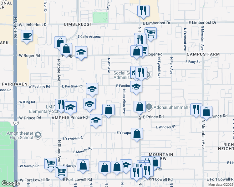 map of restaurants, bars, coffee shops, grocery stores, and more near 438 East Pastime Road in Tucson