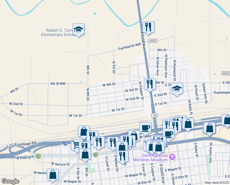 map of restaurants, bars, coffee shops, grocery stores, and more near 701 North Tin Street in Deming