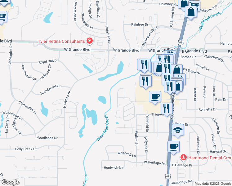 map of restaurants, bars, coffee shops, grocery stores, and more near 7023 Ridge Pl Cir in Tyler