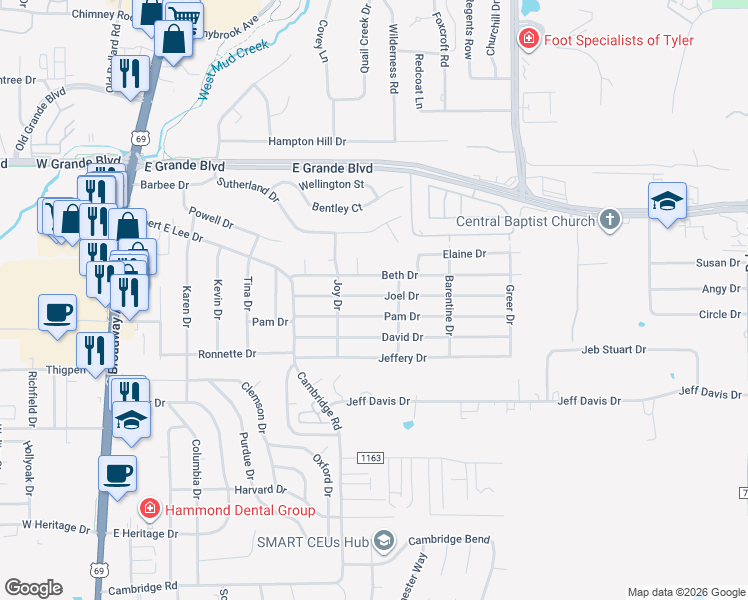 map of restaurants, bars, coffee shops, grocery stores, and more near 725 Joel Drive in Tyler