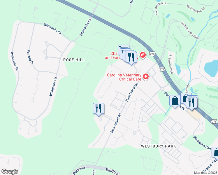 map of restaurants, bars, coffee shops, grocery stores, and more near 272 Club Gate in Bluffton