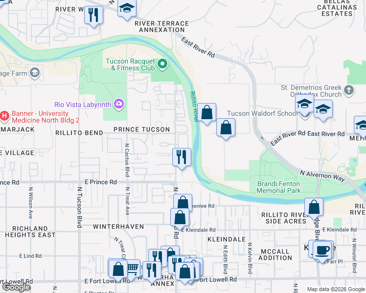 map of restaurants, bars, coffee shops, grocery stores, and more near 3750 North Country Club Road in Tucson