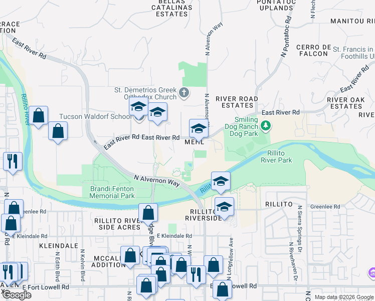 map of restaurants, bars, coffee shops, grocery stores, and more near 3822 East River Road in Tucson