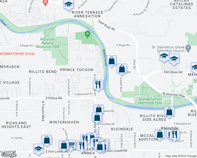 map of restaurants, bars, coffee shops, grocery stores, and more near 3750 North Country Club Road in Tucson