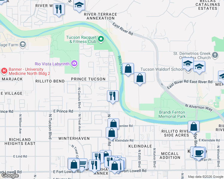 map of restaurants, bars, coffee shops, grocery stores, and more near Graham Circle in Tucson