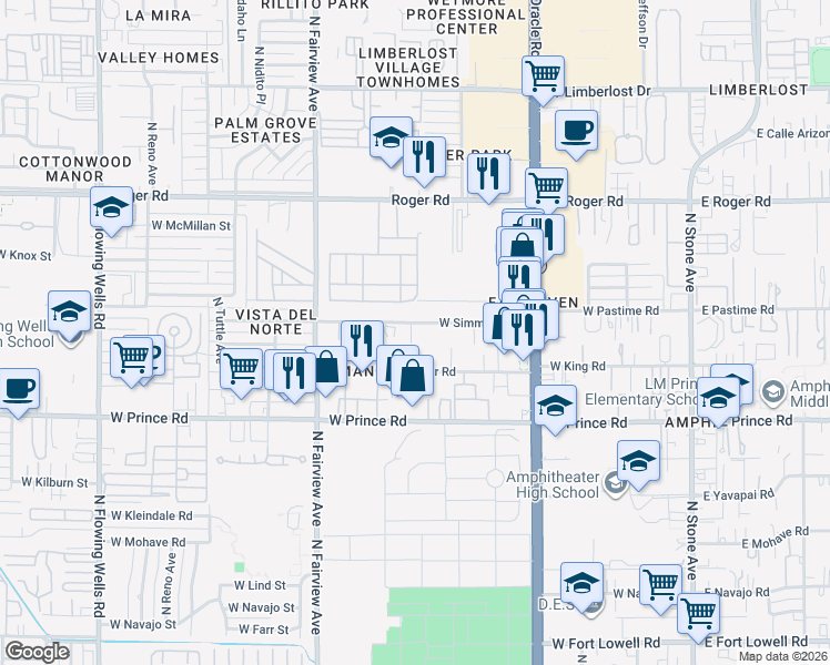 map of restaurants, bars, coffee shops, grocery stores, and more near 714 West Simmons Road in Tucson