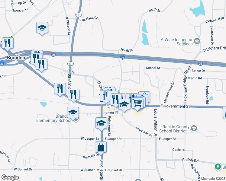 map of restaurants, bars, coffee shops, grocery stores, and more near 109 Worley Lane in Brandon