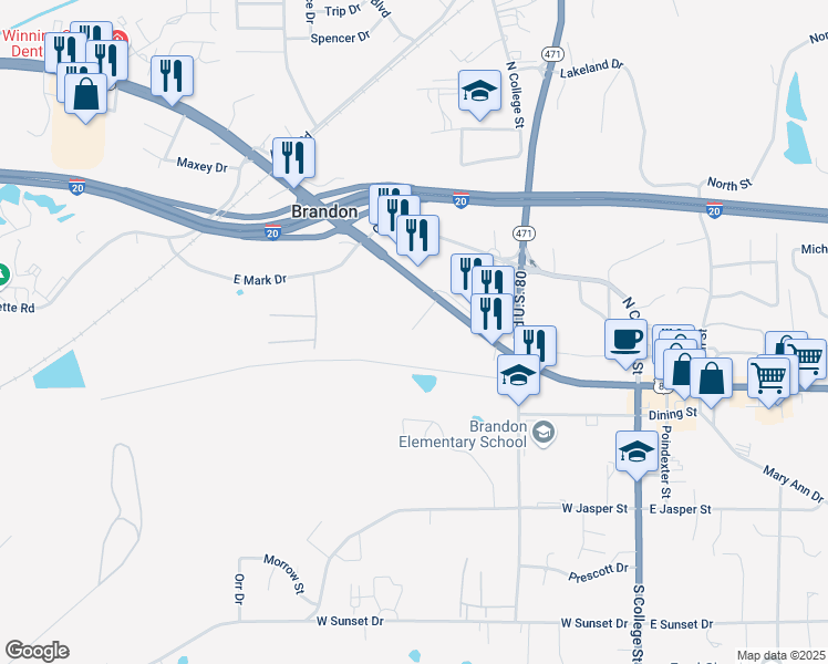 map of restaurants, bars, coffee shops, grocery stores, and more near 705 West Government Street in Brandon