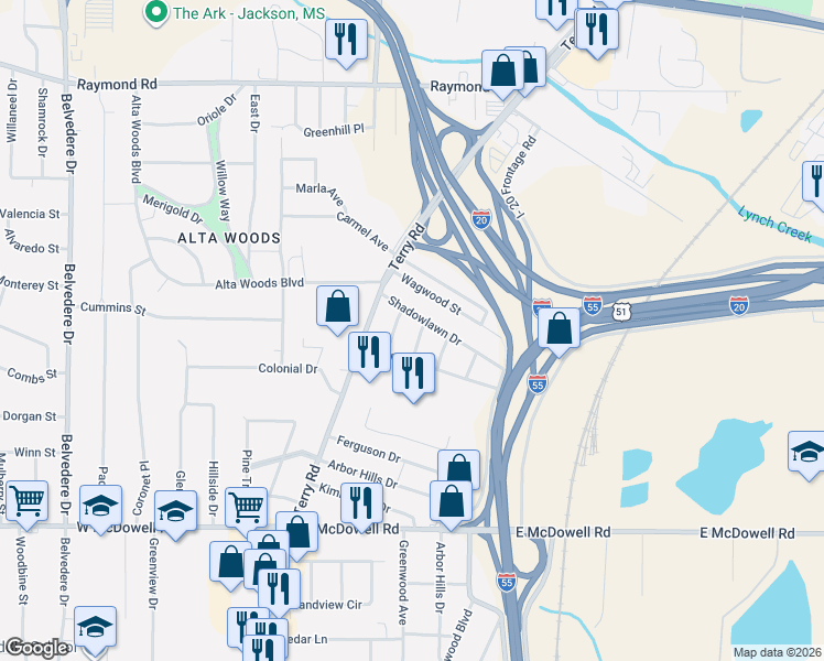 map of restaurants, bars, coffee shops, grocery stores, and more near 123 Shadowlawn Drive in Jackson