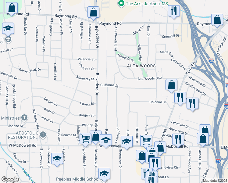 map of restaurants, bars, coffee shops, grocery stores, and more near 507 Cummins Street in Jackson