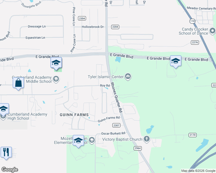 map of restaurants, bars, coffee shops, grocery stores, and more near 3561-7441 Roy Road in Tyler