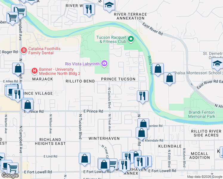map of restaurants, bars, coffee shops, grocery stores, and more near 3751 North Avenue Flamante in Tucson