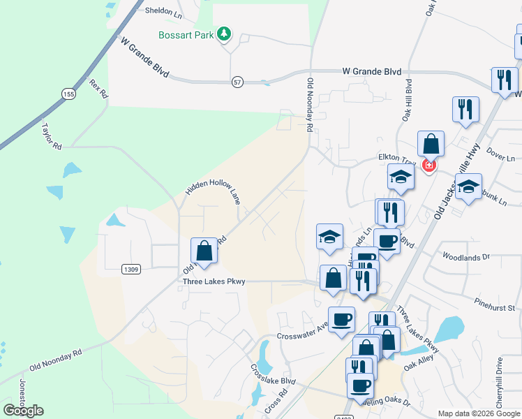 map of restaurants, bars, coffee shops, grocery stores, and more near 14401-14539 Old Noonday Road in Tyler
