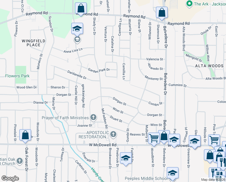 map of restaurants, bars, coffee shops, grocery stores, and more near 1040 Combs Street in Jackson