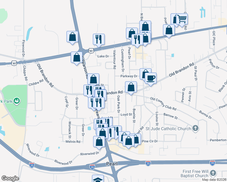 map of restaurants, bars, coffee shops, grocery stores, and more near 100-198 Valentour Road in Pearl