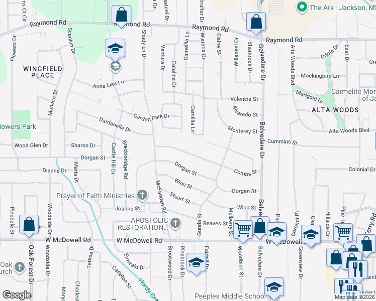 map of restaurants, bars, coffee shops, grocery stores, and more near 1040 Combs Street in Jackson