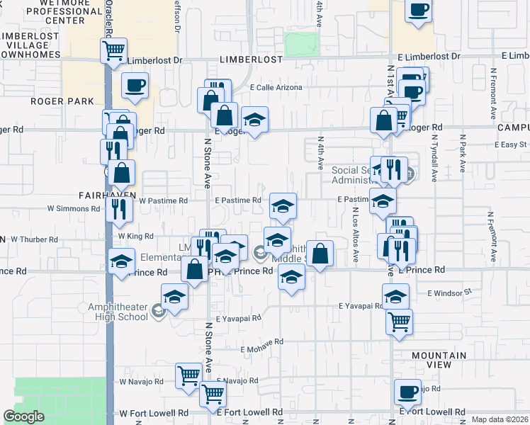 map of restaurants, bars, coffee shops, grocery stores, and more near 262 East Pastime Road in Tucson