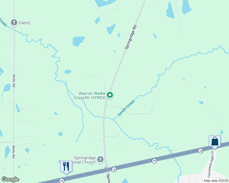 map of restaurants, bars, coffee shops, grocery stores, and more near 2801 Springridge Road in Raymond