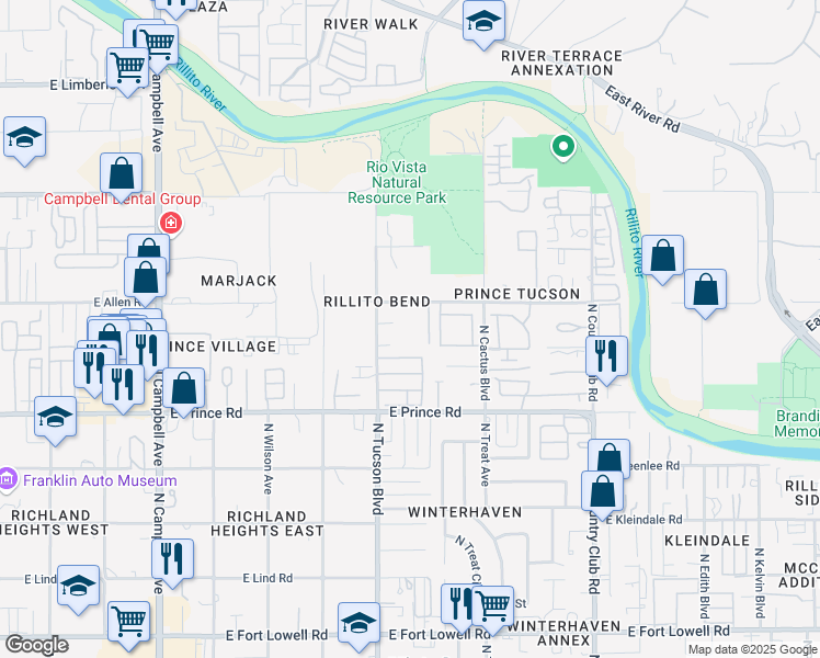 map of restaurants, bars, coffee shops, grocery stores, and more near 2544 East Allen Road in Tucson