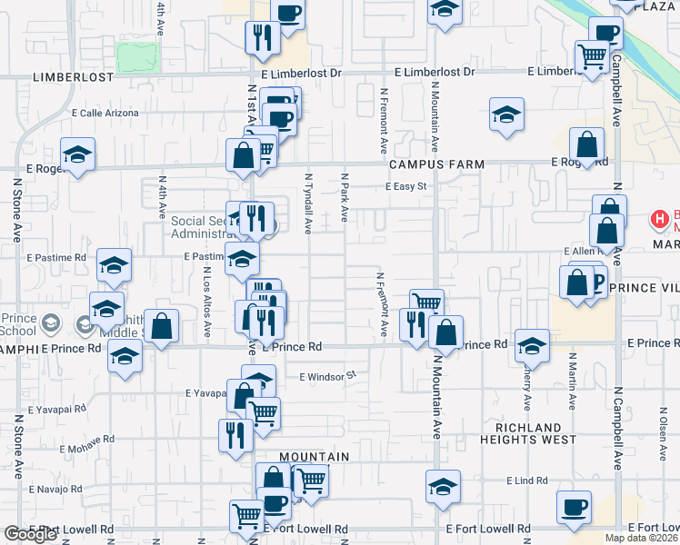 map of restaurants, bars, coffee shops, grocery stores, and more near 3733 North Park Avenue in Tucson