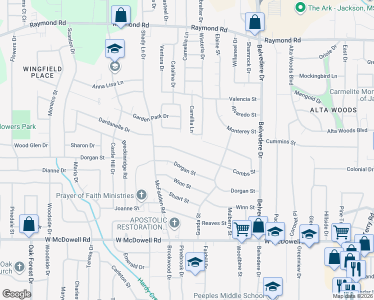 map of restaurants, bars, coffee shops, grocery stores, and more near 1040 Combs Street in Jackson