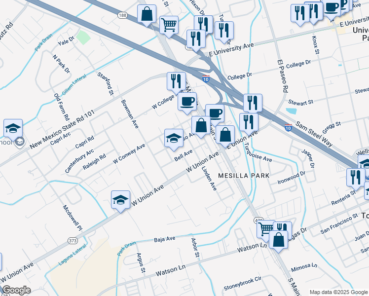 map of restaurants, bars, coffee shops, grocery stores, and more near 304 Bell Avenue in Las Cruces