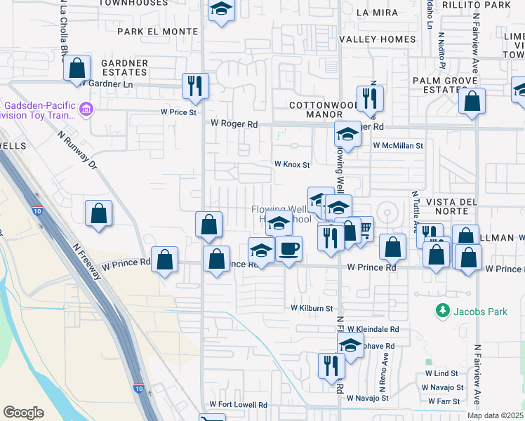 map of restaurants, bars, coffee shops, grocery stores, and more near G Street South in Tucson