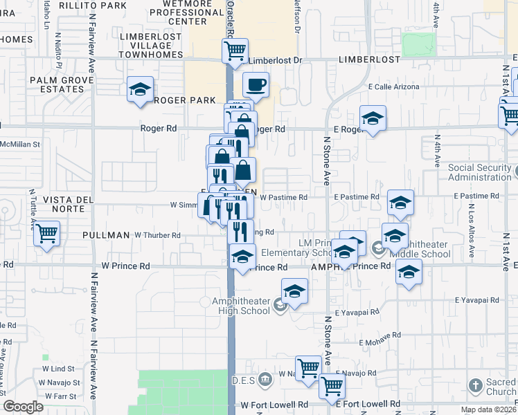 map of restaurants, bars, coffee shops, grocery stores, and more near 237 West Pastime Road in Tucson