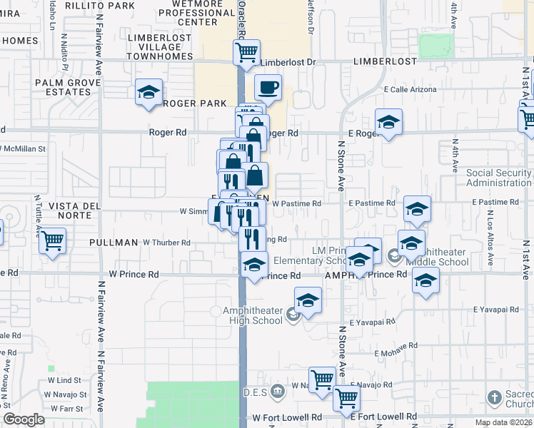 map of restaurants, bars, coffee shops, grocery stores, and more near 237 West Pastime Road in Tucson