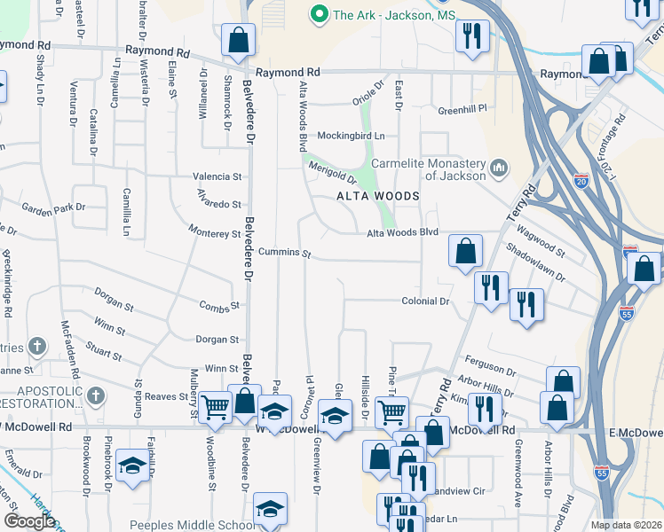 map of restaurants, bars, coffee shops, grocery stores, and more near 442 Cummins Street in Jackson