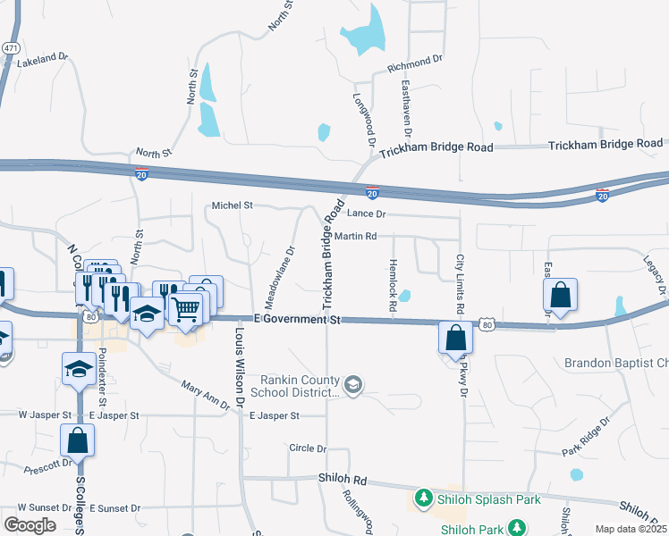 map of restaurants, bars, coffee shops, grocery stores, and more near 110 Trickham Bridge Road in Brandon